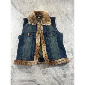 Vintage Cejon Vest Women's Large blue Denim Vest With Rabbit Fur Trim & Collar